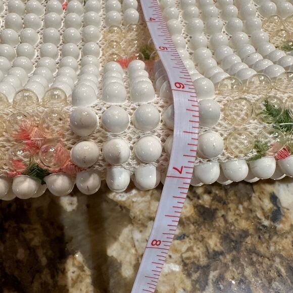 Vintage Ivory Beaded HandBag with Pink Floral Decorative Trim - Picture 7 of 12